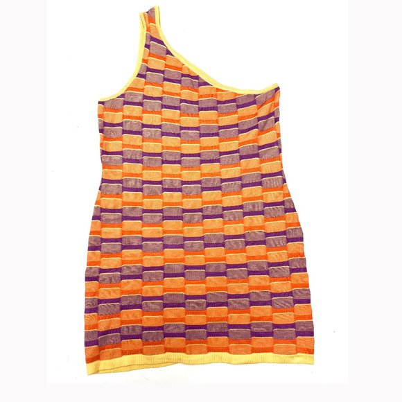Cotton on One Shoulder Knit Mini Dress Mona Geo Magenta Purple & Ginger Orange - Picture 1 of 3